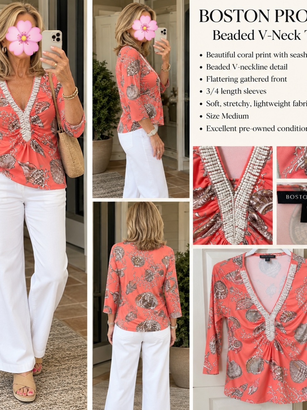 Boston Proper Coral Paisley Beaded V-Neck 3/4 Sleeve Blouse